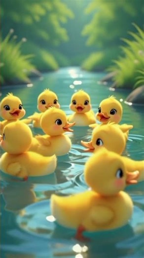 a 3D cartoon of many ducklings playing together in a river#ducklings