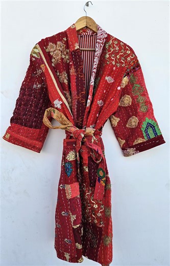 Handmade Red Kantha Quilted Robe, Indian Cotton Kimono Jacket - Etsy