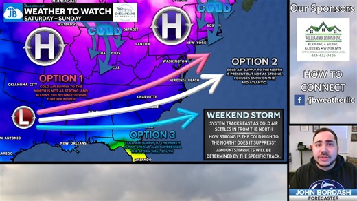 We’re dealing with cold air moving in now, but eyes are already on a potential winter storm this weekend. Forecast models agree that a storm will exist, though where it tracks, and what that means locally, is still very much up in the air. I break down the threat and potential outcomes in this evening's videocast! Stay with JB Weather for reliable, local, and level-headed reporting of Mid-Atlantic weather! More details, including model breakdowns, are available in the full forecast on the websit