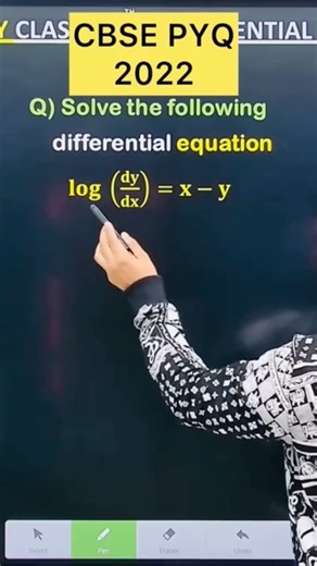 Q.. Solve the following differential equation: 𝐥𝐨𝐠 (𝐝𝐲/𝐝𝐱)=𝐱−𝐲 #cbse2026 #maths #cbse2024