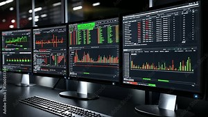A powerful network monitoring dashboard is displayed on multiple ultra-wide monitors, showcasing live system performance insights and cybersecurity threat detection within a highly