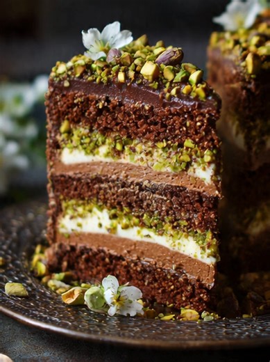 Gâteau Éponge Chocolat-Pistache en Étages Croquants Un dessert spectaculaire composé de génoise légère au chocolat alternée avec une crème onctueuse à la pistache et des couches croustillantes, parfait pour impressionner lors d'occasions spéciales. Pour 8 personnes Ingrédients Pour la génoise chocolat : 6 œufs 150 g de sucre 100 g de farine 50 g de cacao en poudre non sucré 1 pincée de sel Pour la crème pistache : 200 g de pâte de pistache 300 ml de crème liquide froide 100 g de mascarpone 50 g