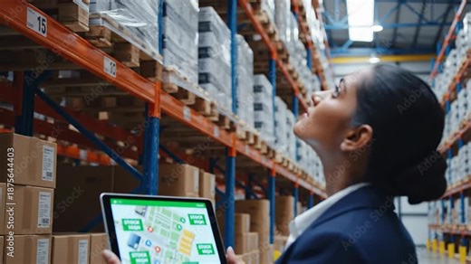 Over-the-shoulder view of woman using tablet to check inventory map in warehouse. Logistics professional reviewing digital stock data on app. Warehouse management technology footage.