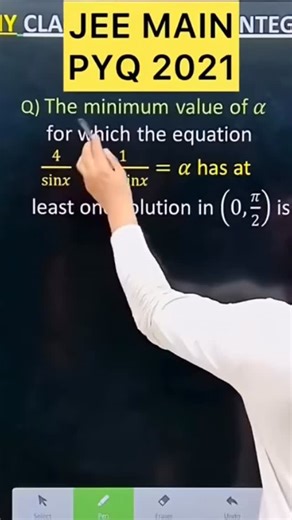 Shivang Gupta on Instagram: "JEE MAIN 2021 ( 24 Feb – Shift 1 ) Q) The minimum value of 𝛼 for which the equation 4/sin𝑥+1/(1−sin𝑥)=𝛼 has at least one solution in (0,𝜋/2) is is jee advanced trigonometric question jee advanced maths solution jee advanced 2025 paper solution jee advanced maths channel jee advanced mathematics questions jee advanced mathematics questions jee advanced 2025 paper solution jee advanced maths paper solving complete maths for jee advanced jee advanced maths paper an
