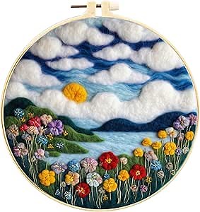 IWANTDIY Needle Felt Starter Set, Felt Painting Kit for Beginners Wool Needle Felt Set with Felt Needle, Picture Frame, Foam Pad, Felt Cloth, Instructions, Used for Home Decoration (#1)