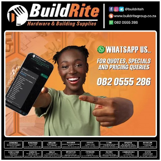 VideosAt Build Rite Hardware , customer satisfaction is our top priority. Whether you have questions about our products, need assistance with a Quotation, we're here for you! Reach out to us on Whatsapp, and let's make your experience with us exceptional. Want to know where our stores are located...Click on the link below http://bit.ly/3EBAuM4 Require assistance with a Quotation...Whatsapp us on 082 055 5286 along with Your list, Your name, and Address and we will get the relevant store to assis