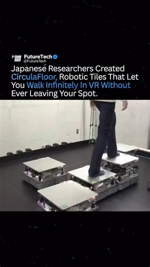 Future Tech on Instagram: "Researchers at the University of Tsukuba have developed a VR system called CirculaFloor that allows users to walk naturally while remaining within a very small physical space. Instead of moving the person, the system moves the ground itself. Robotic floor tiles shift beneath your feet in real time, dynamically adjusting direction and speed as you walk. As you step forward, the tiles gently redirect your movement, keeping you centered without altering your stride or mak