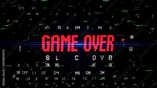 Retro video game screen with 'Game Over' text. Glitch effects and pixelated style, viewed from a straight-on camera angle. Live desktop wallpaper.