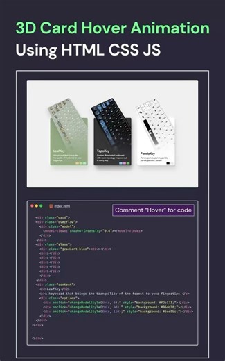 3D Card Hover AnimationUsing HTML CSS JS 💎 #coding #csscoding #webdesign