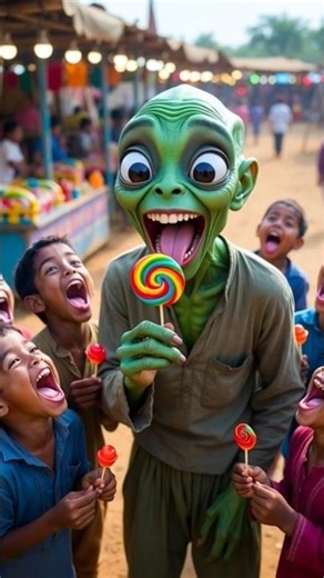 “Green Alien Village Fair Fun 🍭 | एलियन ने मेले में जीभ से लॉलीपॉप चाटकर मचा दिया धमाल!”