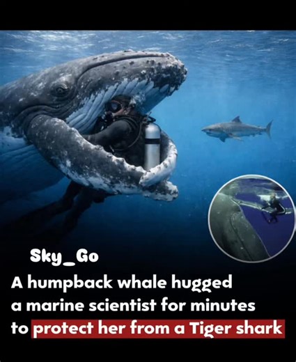 Sky_Go on Instagram: "❤️🌊 In a moment that feels almost unreal, a humpback whale gently wrapped its fins around a marine scientist and stayed with her for over seven minutes. Sensing danger, the whale placed its huge body between her and a nearby tiger shark, calmly guiding her and shielding her from harm 🐋🛡️🦈 There was no panic — only steady, protective movements, as if the whale understood exactly what she needed. Scientists say humpback whales are known for their deep social bonds and pro