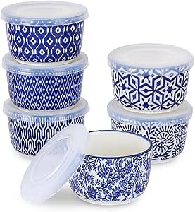 Selamica 6 oz Ramekins with Lids Oven Safe, Creme Brulee Ramekins Souffle Dishes with Covers, Pudding Custard Cups Stackable Ceramic Mini Ramekin Bowls Set for Baking, Dipping, Set of 6, Vintage Blue