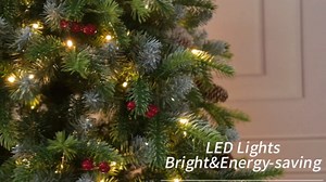 5 Ft Artificial Christmas Tree Pre-Decorated with Snow Flocked PVC&PE Tips, Pine Cones, Red Berries, Unlit Xmas Tree with Metal Stand for Hoilday Office Outdoor Christmas Decoration(Green White)