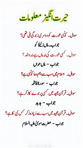Education Network on Instagram‎: "*Title:* Islamic General Knowledge Quiz (جہاں گیر معلومات) This vibrant infographic presents a set of five popular Islamic general‑knowledge questions and their answers in Urdu, designed in an engaging Q&A format. The quiz includes intriguing inquiries such as “Which woman lived during the time of two prophets?” with the answer “Hazrat *Āsiyā* (wife of Pharaoh).” Another question asks, “Which woman is mentioned in the Quran as a mother?” answered with “Hazrat *M