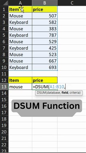 DSum function in excel