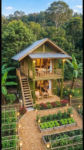 Bamboo House Built Completely by Hand, Real Life in Nature #construction #satisfying #asmr