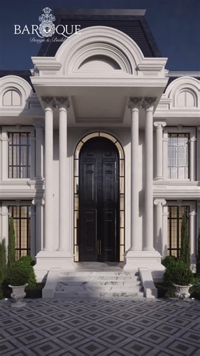 BAROQUE Design and Build on Instagram: "Villa design - New Classic Style This villa showcases an opulent neoclassical architectural design, featuring grand Corinthian columns, arched windows, and intricate detailing. The symmetrical façade, ornate cornices, and a majestic entrance with a towering door evoke timeless elegance, while the blue mansard-style roof adds a touch of sophistication. Designed by Baroque Design and build. Doha - Qatar #villa #classic #newclassic #interiordesign #interior #