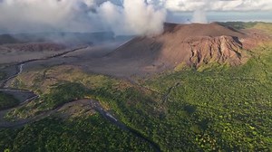 Mount Yasur Volcano, natural volcanic landscape in Tanna Island, Vanuatu. Aerial drone