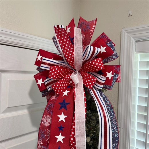 Patriotic Tree Topper Bow, 4th of July Tree Topper with Long Tails, Red White and Blue Bow, Americana Decor, Memorial Day Decoration