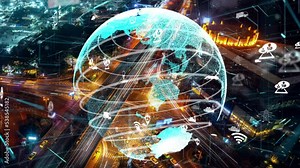 Smart transport technology alteration concept for future road traffic control . Virtual intelligent system makes driving information analysis to connect data of vehicle on city street for driver . Stock Video