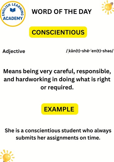 VOCABULARY ENHANCEMENT ( conscientious) SYNONYMS: Diligent Careful Responsible Honest #fblifestyle #learning #education | English Learning Academy