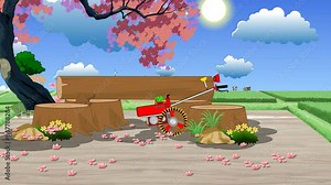 Animated Cartoon Scene of a Log Under a Tree in a Field