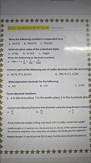 6th Grade Math Decimal worksheet 2