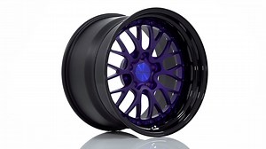 Model: LSR Profile: Convex Size: 19x12 Center: Matte Purple / Brushed Candy Blue Cap Lip: Gloss Black Barrel: Matte Black Hardware: Candy Blue #Rotiform | Rotiform