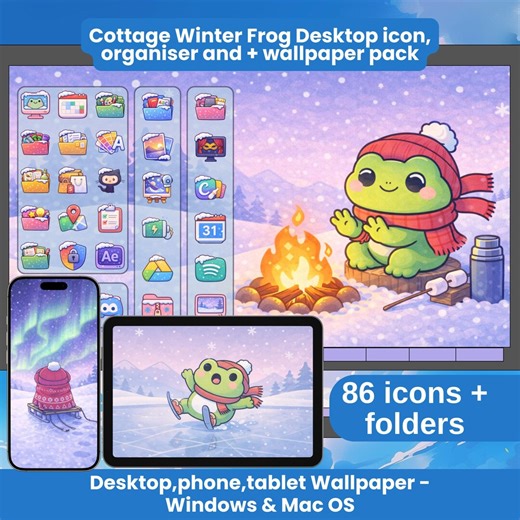 Cottage Winter Frog Desktop Organizer and Icon Pack Cute Desktop Icons Computer Wallpaper iPad Phone Wallpaper Set Mac Windows Theme - Etsy UK