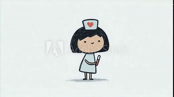 Cute Nurse in Uniform: A charming cartoon nurse wearing a crisp white uniform and a heart-adorned cap, cheerfully holding a thermometer, embodying care and compassion.