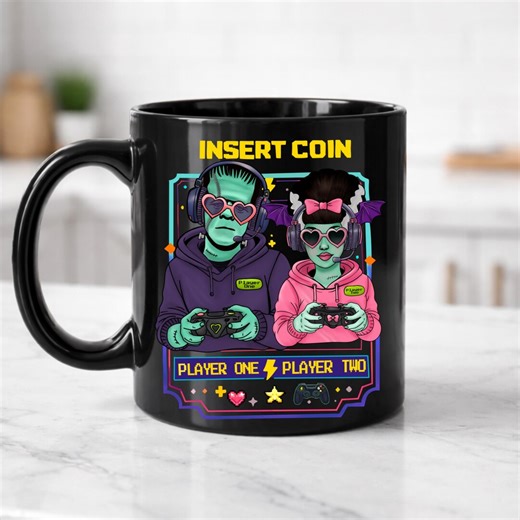 Insert Coin Gamer Couple Mug 15oz Black | Player One Player Two Cute Goth Gamer Mug | Spooky Gamer Gift | Gaming Coffee Cup