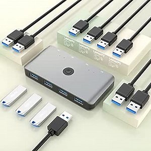 USB 3.0 Switcher Selector 4 Computers Sharing 4 USB Devices Aluminum KVM Switch Hub Adapter for Mouse Keyboard Scanner Printer PC, KVM Console Box with One Button Swapping and 4 Pack USB Cable