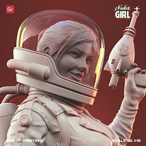 Nuka-Girl is a promotional character by Nuka-Cola Corporation. She's recognized by her rocket-shaped Nuka-Cola bottle and Thirst Zapper water weapon, always dressed in a Nuka-Girl rocket suit with boots, breeches, blouse, gloves, and helmet.� Our contributing 3D artist was inspired by Nuka-Girl, crafting a figurine for fans to 3D print. It faithfully recreates the poster scene: precise proportions, detailed outfit, accurate facial features, and a stylized Nuka-Cola bottle base, perfect for any 3