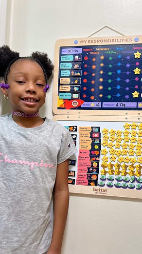 This space themed Magnetic Responsibility Chart by @battateducation has been a great addition to our household. It allows Liv to set goals and track her progress✅ Responsibility Chart: 🔹92 magnets (Including a full star for completed task, half star for partially completed task, & alien for non-completed task) 🔹Magnetics with a variety of task 🔹A dry erase marker for unique costume goals Developmental Benefits: 🔸Builds self confidence 🔸Time-management skills 🔸Motivation 🛍You can find and 