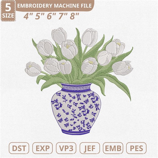 Chinoiserie Tulips Machine Embroidery File, Delft Blue Grandmillennial (instant Download) - Etsy