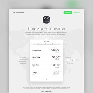 New Website Inspiration: Long-scrolling Landing Page for the Time Zone Converter menubar app. What a lovely touch adding an interactive UI (that even moves the world map background) to really experience the app before paying. Bonus points for adding my local time and location at the top of the app too – well played! → https://onepagelove.com/time-zone-converter | One Page Love