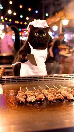 A Playful Chubby Cat is Cooking Grilled Zucchini Slices