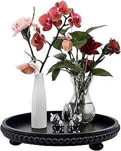 Decorative Tray 12in Round Wood Beaded - Black Serving Tray Risers for Living Room, Coffee Table, Kitchen or Farmhouse Display