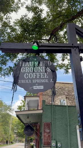 Haunted Grounds Coffee is a new shop down in Eureka Springs, Arkansas that has some beautiful scenery, and scary good drinks. It’s just down the road from the Basin Park Hotel 👻 #haunted #hauntedgroundscoffee #javabrothers #eurekaspringsarkansas #coffeeshop #paranormal #hauntednights #travel #eurekasprings | Ghost Generation