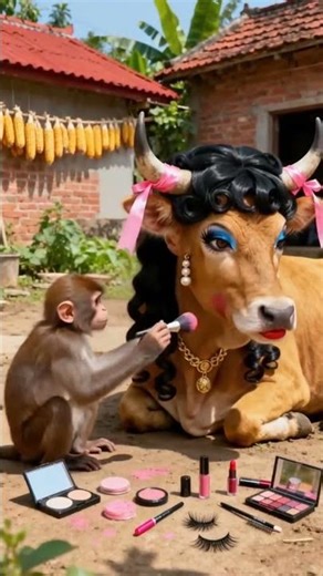 Monkey Gives Cow a Glamorous Makeover | Funny Animal Makeup Artist | Makeup Zoo Studio