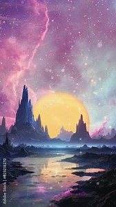 An animated vertical video featuring a sun setting on a alien planet scape with swirling stars & nebula. Created using some elements made with generative AI.