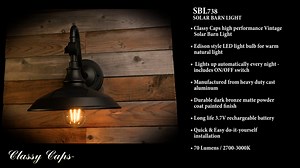 Classy Caps SBL738 Outdoor Dark Bronze Solar Powered Barn Light, Vintage Farmhouse Wall Light with Gooseneck and Edison Bulb, Wall/Fence/Deck/Patio/Outdoor Lighting