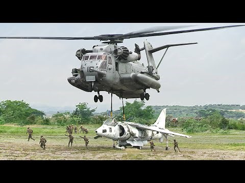 US Largest Helicopter Sling Loads Broken Harrier Aircraft