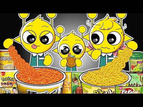 Yellow Antenna Family Spicy Slurping Outdoor: Giant Buldak Ramen KitKat Pocky Pokemon Snack | ASMR