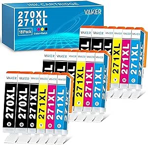 VAKER Compatible Ink Cartridge Replacement for Canon 270 271 XL PGI-270XL CLI-271XL to PIXMA TS9020 MG7720 MG6820 MG6821 TS5020 TS6020 MG5720 MG5722 TS8020 MG5721 MG6822 TS5020 Printer (18 Packs)
