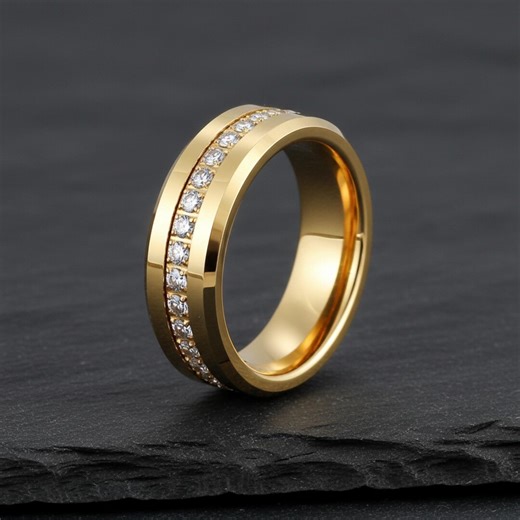Gold Plated Tungsten Wedding Band With Zircon Channel - Etsy
