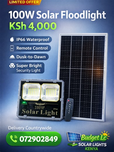 100W Solar Floodlight (IP66) — KSh 4,000 😍 Brighten your home ALL NIGHT with solar power 🌞💡 ✅ Dusk-to-dawn auto ON/OFF ✅ Remote control modes ✅ Waterproof IP66 (rain & dust proof) ✅ Strong solar panel long battery backup ✅ Perfect for compound, gate, shop, balcony, security lighting 📦 Delivery countrywide (Kenya) 📞 Call/WhatsApp: 072902849 #100WSolarFloodlight #SolarFloodlightKenya #SolarLightsKenya #SecurityLight #OutdoorLighting