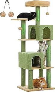 Cactus Cat Tree for Indoor Cats, 62" Multi-Level Cat Tower with 2 Spacious Condos, Scratching Pad, 4 Cat Scratching Posts, 2 Top Perches, 2 Pompoms, Green