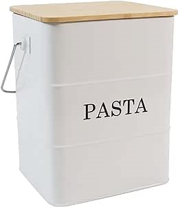 Spaghetti Canister, White Metal Pasta Storage Container with Sealed Bamboo Lid & Portable Handle, Pasta Keeper Spaghetti Containers Storage for Pantry Organization