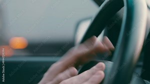 Stressed Driver Taps Rhythm on Steering Wheel in Traffic Jam: Urban Commute Frustration Closeup | Rush Hour Gridlock Impatience